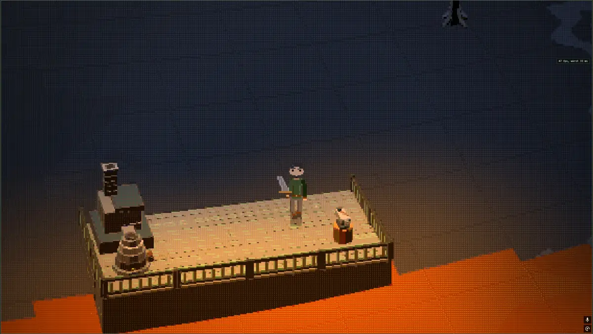 A character beside a smelter and anvil on a platform above lava.