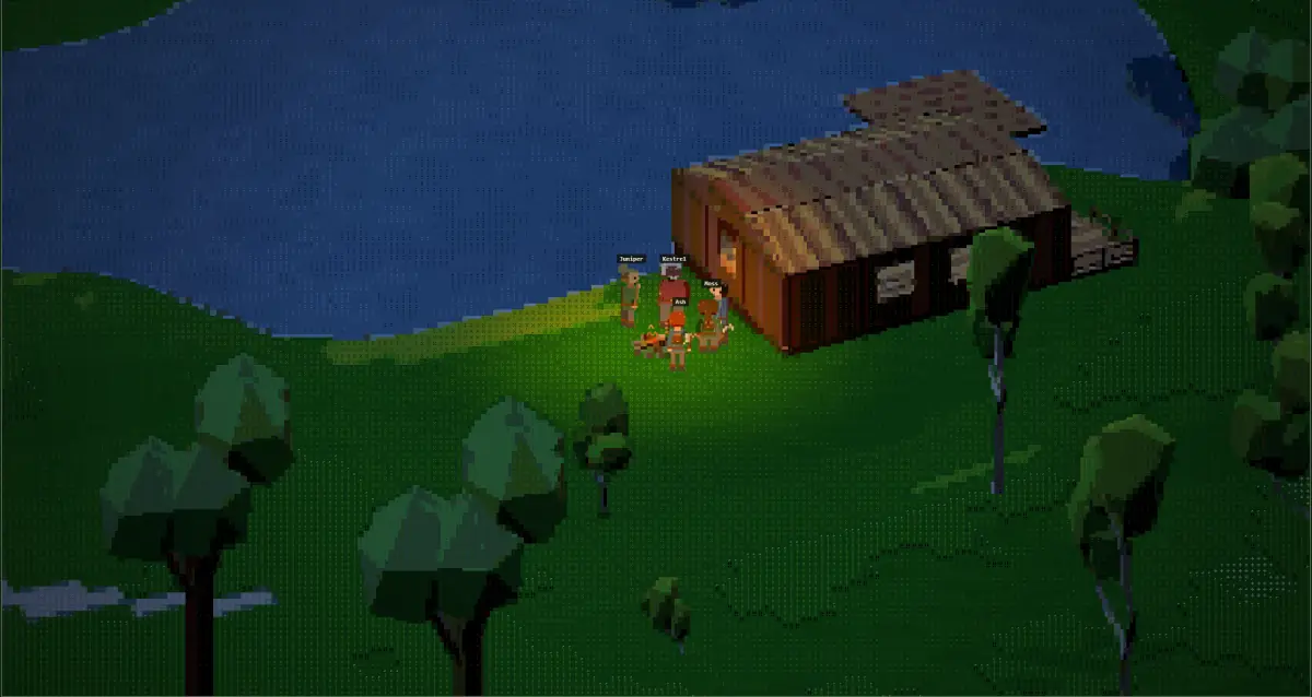 A campfire at night lighting nearby characters and trees.