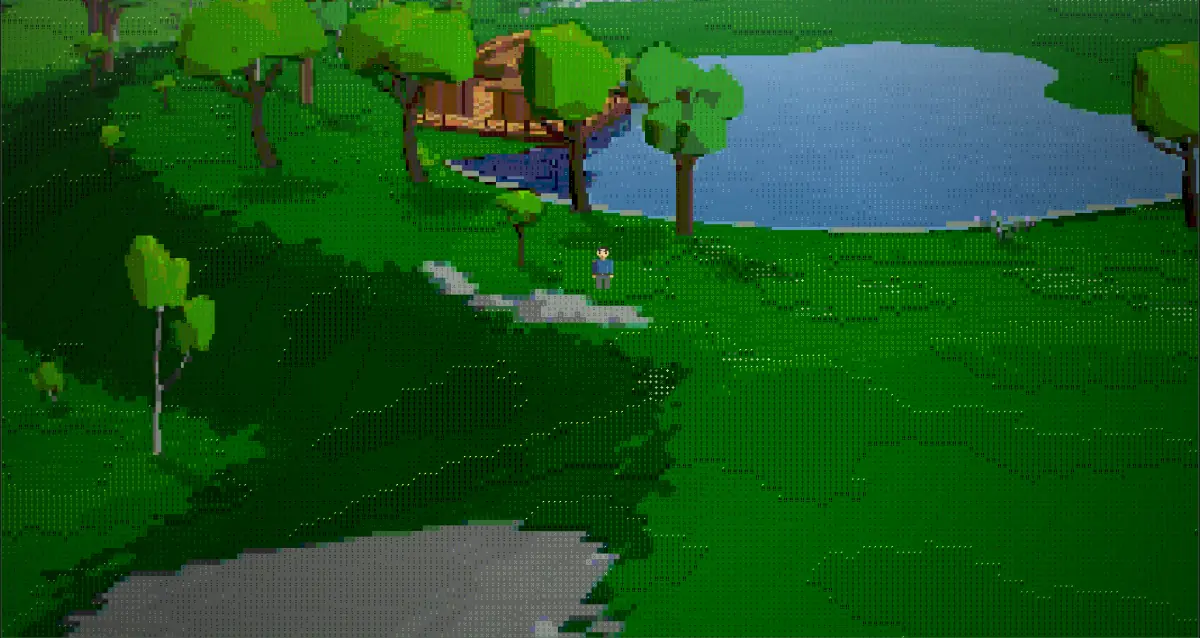 A text-drawn landscape at dusk, with forest, a river and a distant shoreline.